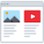 Pixelated landscape with sun and mountains on left, red play button icon on right, both within browser window frame.