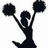 Black silhouette of a cheerleader holding two black pom-poms raised above the head against white background.