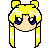 Pixel art of a character with yellow pigtails and a crescent moon symbol on forehead, showing multiple facial expressions and head positions against gray background.