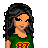Pixel art character in green outfit with yellow accents, long dark hair, and a neutral expression on white background.