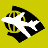 Animated sequence of white airplane silhouette moving across black and yellow globe icon on yellow background.