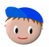 Two pixelated cartoon faces with blue caps, brown hair, and red smiles; left face has open eyes, right face winks.