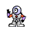 Pixelated character in silver-gray spacesuit with purple helmet, red chest emblem, and orange arm accents holding two glowing purple objects against gray background.
