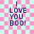 Pixelated text on a pink and light blue checkered background with subtle animated sparkles.