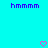 Cyan background with purple 'hmmmm' text at top left and top right, two pink pixelated hearts at bottom center and bottom right.
