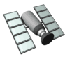 Animated satellite icon with solar and cylindrical body, cycling through four distinct brightness states