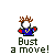 Pixelated character with brown spiky hair and white face in blue outfit with red accents, holding a black object, text below reads 'Bust a move!' on gray background.