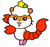 Pixelated cartoon hamster with white face, brown head stripes, red limbs, pink feet, and yellow-green flower on its head.
