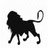 Black silhouette of a walking lion with tail curled upward on white background; brown tabby cat lying down on black background; light blue bear-like figure standing; striped object resembling stacked books or blocks.
