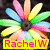A pixelated flower with multicolored petals and a dark center, overlaid with a yellow banner containing pink text reading "Rachel W."