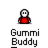 A 5x5 contact sheet of pixelated Gummi Buddy animation frames showing a red cartoon character in various poses with text below each frame.