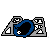 Animated sequence of a blue and black circular icon with white dots, interacting with gray mechanical structures against a white background.