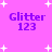 Purple text "Glitter 123" on pink background with white star shapes, static image with no visible animation changes.