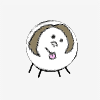 A circular cartoon character with brown hair, pink tongue, and black stick legs rotates clockwise through