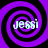 Four identical purple and black spiral patterns arranged in a , each containing the text 'jessi' in white pixelated font