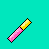 Pixelated lip gloss bottle with pink body and yellow cap on cyan background, showing multiple states of the applicator extending from the bottle.