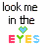 Pixelated text and a heart symbol arranged in two on white background, with 'EYES' colored red-green-yellow-blue