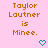 Pixelated text reads "Taylor Lautner is Minee." with a teal heart symbol on pink background, repeated in