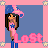 Pixel art of a character with long brown hair wearing a blue and pink hat, pink top with blue star, and blue pants, standing against a blue background with pink border and 'LoSt' text.