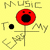 Pixelated yellow background with red circular face, black eyes and mouth, stick-figure body holding a guitar, surrounded by pixelated text reading "MUSIC TO MY EARS".
