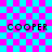 Pixelated text 'COOPER' appears in four positions on a cyan and magenta checkerboard background with animated overlays