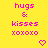 Yellow background with pink text 'hugs & kisses xoxoxo' and pixelated hearts in a