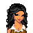 Pixelated cartoon woman with long black hair holding a patterned shopping bag, wearing brown and white outfit.