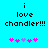Pixelated cyan background with black text reading "i love chandler!!!" and five pink/purple asterisk-like symbols below, showing two animation frames where the third symbol shifts from purple to pink.