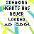 Animated icon with repeating text 'BREAKING HEARTS HAS NEVER LOOKED SO COOL' over a background of blue and yellow diagonal stripes.