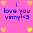 Pixelated pink background with blue text "i love you vinny! <3" and heart symbols in yellow and orange.