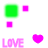 Pixelated green and pink shapes including squares, hearts, and text reading LOVE on a white background.