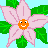 Pixelated pink flower with orange face and green leaves on light blue background, repeated in pattern