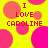 Yellow background with pink and red circles; red text "I LOVE CAROLINE" repeated in four quadrants.