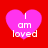 Four pink heart shapes on a red background, each containing the text "I am loved" in white pixelated font.