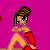 Pixel art of a woman in red lingerie and high heels on a magenta background, with text elements like 'Me!' and 'Kiss Me!'.