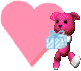 Pixelated pink dog holding light blue gift box, standing between two pink hearts on gray background.