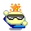 Pixelated character with yellow face, black sunglasses, blue body, orange star on head, and small white ears against gray background.