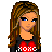 Pixel art of a female character with long brown hair wearing black clothing and red heart symbols, displayed in multiple cropped views including full-body, torso, head, and text banners.