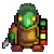 Pixel art character animation with four frames showing a green-skinned figure holding weapons and glowing objects.