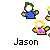 Pixel art icon set with multiple variations of a character named Jason, featuring different poses, accessories, and animation states on a gray background.