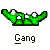 Green pixelated crown with three white circular cutouts and a dark brown base, positioned above the word 'Gang' in black pixelated text.