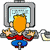 Pixelated cartoon character with orange hair sits at a desk, typing on a gray keyboard with both hands, facing a computer monitor displaying 'Buddy' text.