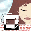 repeated cartoon-style character head icons with red hair and blue eyes, each in a red square frame, set against a background of a larger character illustration with closed eyes and brown hair