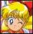 Pixelated cartoon-style icon of a character with blonde hair, one eye open and one eye closed, wearing a red garment with a white collar.