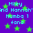 Pixelated green stars float over a purple background with repeated cyan text reading "Miley and Hannah'nd Mumba 1 fana".