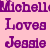 Static pixelated image with purple text on pink background reading 'Michelle Loves Juggle' in three lines.