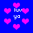 Pixelated blue background with scattered pink hearts and repeated white text 'luv ya' in a retro digital style.