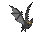 Pixelated bat-like creature with gray wings and yellow eyes in multiple flying poses against light gray background.