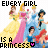 Pixelated image of multiple Disney princesses in colorful gowns with text reading 'EVERY GIRL IS A PRINCESS' and a pink heart symbol.