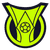 A bright yellow circular icon with dark blue accents, featuring a stylized central symbol resembling an abstract face or mask within a shield-like shape. The design has sharp angular points at the top and curved edges along the bottom.